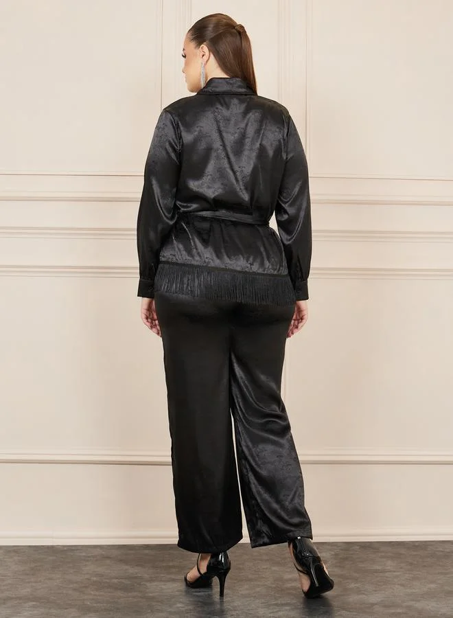 Styli Plus Satin Jacquard Tassel Hem Shirt and Wide Leg Pant with Self Tie Up Set