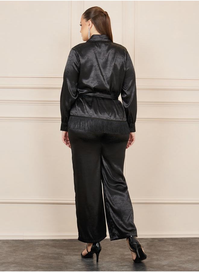 Styli - Plus Satin Jacquard Tassel Hem Shirt and Wide Leg Pant with Self Tie Up Set - Image 1