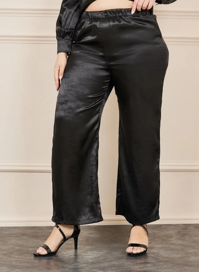 Styli Plus Satin Jacquard Tassel Hem Shirt and Wide Leg Pant with Self Tie Up Set