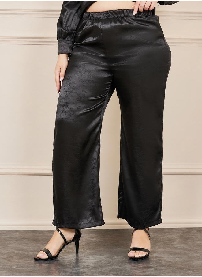 Styli - Plus Satin Jacquard Tassel Hem Shirt and Wide Leg Pant with Self Tie Up Set - Image 1