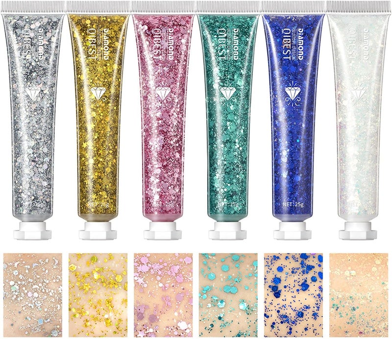 6pcs Face Body Glitter Gel Holographic Festival Accessories Mermaid Sequins Chunky Glitter for Face Body Hair Nails Makeup