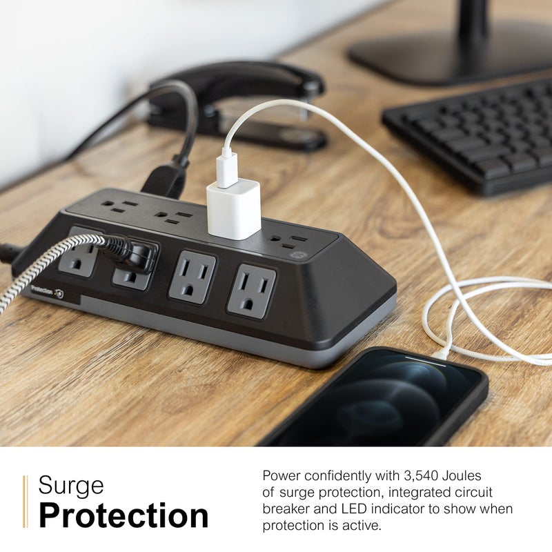 GE UltraPro Adapt 12-Outlet Surge Protector, 6ft Braided Heavy Duty Extension Cord, Flat Plug Power Strip, 3540 Joules, Black, 74542 - Image 5
