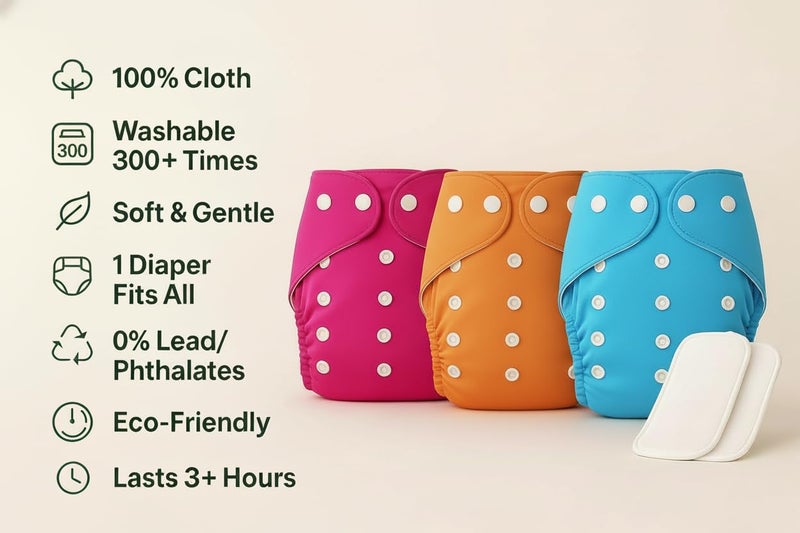 PENTOO Baby Cloth Diapers 0 to 3 Years | Side Leakage Proof Washable Reusable Diaper For New Born Baby Freesize Adjustable, Assorted 3(Pack of 3- Inserts Included) (Pink-Blue-Orange) - Image 3