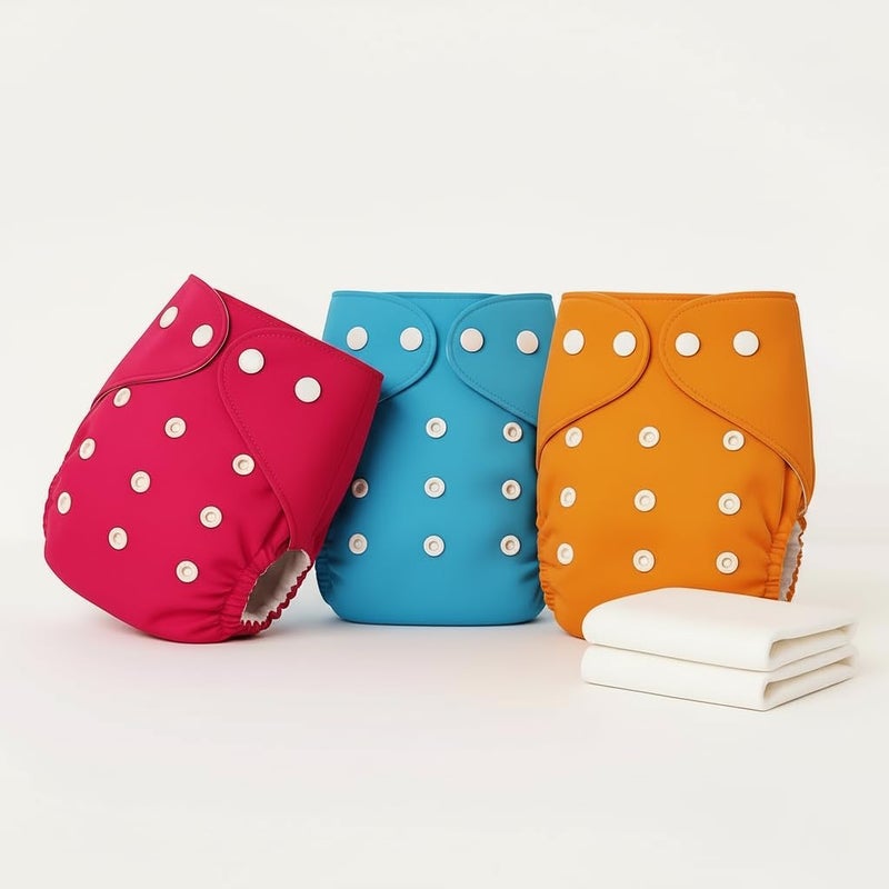 PENTOO Baby Cloth Diapers 0 to 3 Years | Side Leakage Proof Washable Reusable Diaper For New Born Baby Freesize Adjustable, Assorted 3(Pack of 3- Inserts Included) (Pink-Blue-Orange) - Image 1