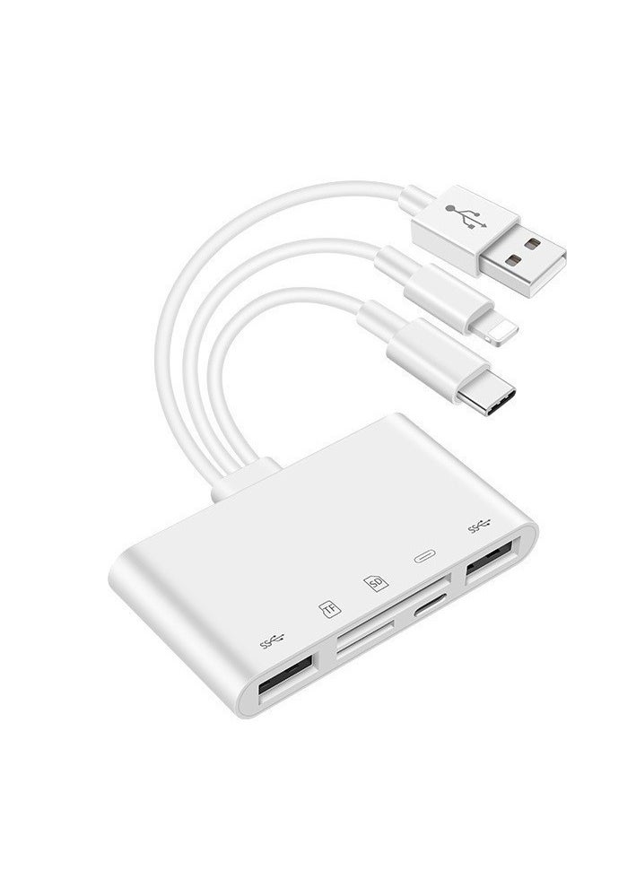 5-in-1 SD Card Reader – Lightning, USB-C & USB-A Multiport Adapter for iPhone, iPad, Android, Laptop – Dual Card Slots, OTG Plug & Play, Charging Port, Boxed