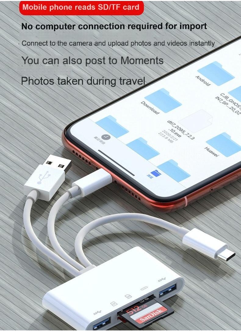 5-in-1 SD Card Reader – Lightning, USB-C & USB-A Multiport Adapter for iPhone, iPad, Android, Laptop – Dual Card Slots, OTG Plug & Play, Charging Port, Boxed