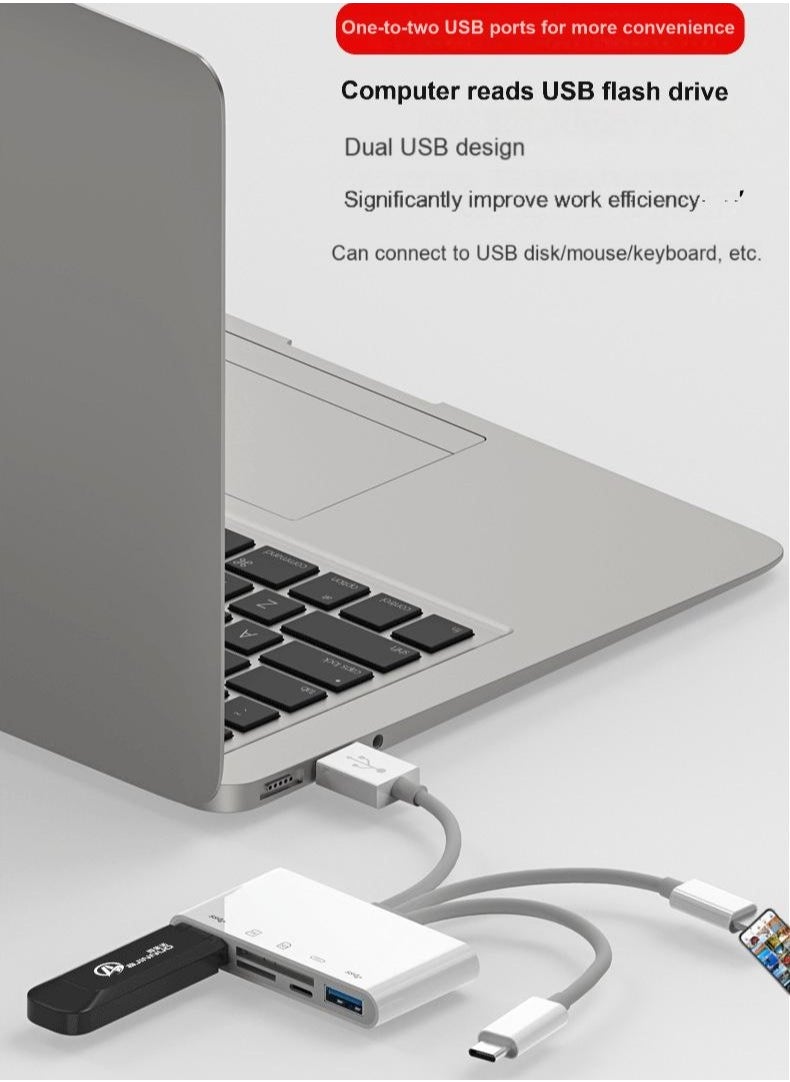 5-in-1 SD Card Reader – Lightning, USB-C & USB-A Multiport Adapter for iPhone, iPad, Android, Laptop – Dual Card Slots, OTG Plug & Play, Charging Port, Boxed