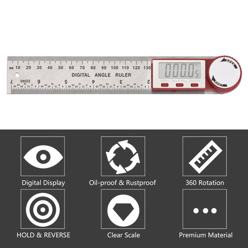 Digital Angle Finder Ruler 7inch/ 200mm Stainless Steel Angle Finder Protractor with LCD Display Zeroing Locking Reverse Functions for Woodworking Carpenter Construction DIY Tools - Image 3