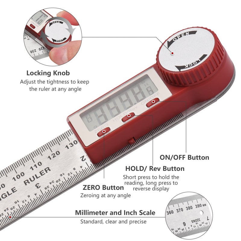 Digital Angle Finder Ruler 7inch/ 200mm Stainless Steel Angle Finder Protractor with LCD Display Zeroing Locking Reverse Functions for Woodworking Carpenter Construction DIY Tools - Image 4