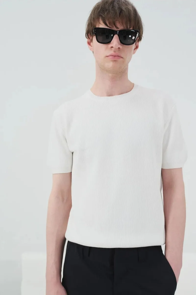 GIESTO Ribbed Crew Neck Cotton T-Shirt