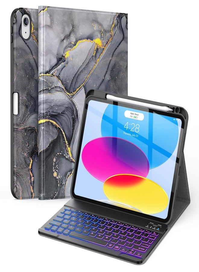 Soke for iPad (A16) 11th/10th Generation Case with Keyboard(2025/2022)-7 Color Backlight Wireless Detachable Folio Keyboard Cover with Built-in Pencil Holder for iPad 11/10.9 inch, Black Marble - Image 1