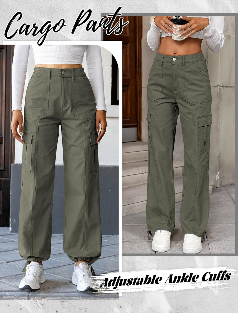 Eddoyee Cargo Pants for Women Drawstring Ankle Cuffs Stretch High Waisted 6 Pockets Straight Wide Leg Jean Casual Baggy Pants(Army Green, Large) - Image 4