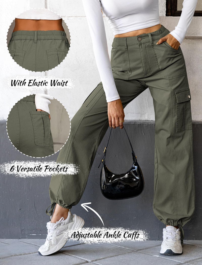 Eddoyee Cargo Pants for Women Drawstring Ankle Cuffs Stretch High Waisted 6 Pockets Straight Wide Leg Jean Casual Baggy Pants(Army Green, Large) - Image 5