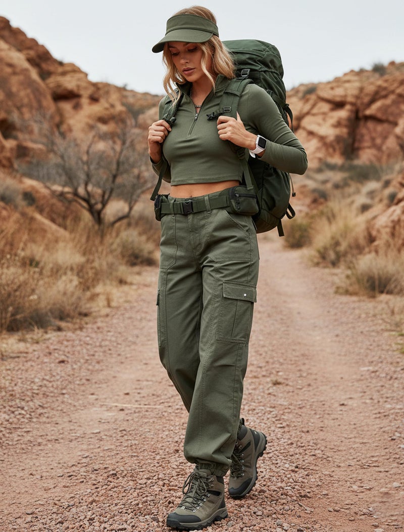 Eddoyee Cargo Pants for Women Drawstring Ankle Cuffs Stretch High Waisted 6 Pockets Straight Wide Leg Jean Casual Baggy Pants(Army Green, Large) - Image 2