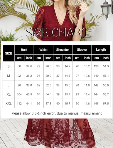 Eleter Women's Deep V-Neck Lace Romper Short Sleeve Long Dress(XL,Wine Red) - Image 4