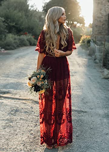 Eleter Women's Deep V-Neck Lace Romper Short Sleeve Long Dress(XL,Wine Red) - Image 3