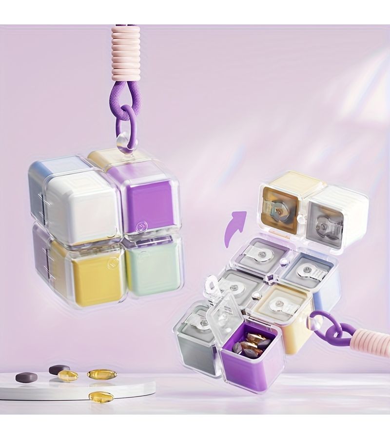 Blue Magnetic Pill Organizer Cube With Lanyard 8 Tier Medication Storage Box - Image 1