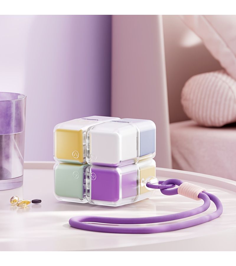 Blue Magnetic Pill Organizer Cube With Lanyard 8 Tier Medication Storage Box - Image 4