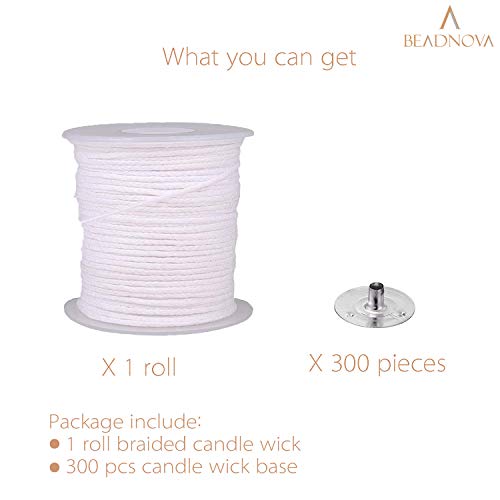 BEADNOVA Braided Candle Wick Spool with Base Set 200 ft Cotton Candle String Roll and 300pcs Wick Clips Sustainer Tabs for Making DIY - Image 3