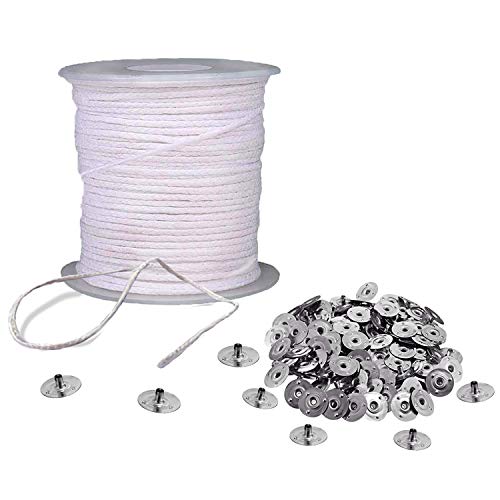 BEADNOVA Braided Candle Wick Spool with Base Set 200 ft Cotton Candle String Roll and 300pcs Wick Clips Sustainer Tabs for Making DIY - Image 1