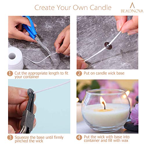 BEADNOVA Braided Candle Wick Spool with Base Set 200 ft Cotton Candle String Roll and 300pcs Wick Clips Sustainer Tabs for Making DIY - Image 4