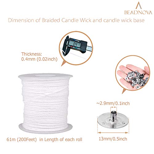 BEADNOVA Braided Candle Wick Spool with Base Set 200 ft Cotton Candle String Roll and 300pcs Wick Clips Sustainer Tabs for Making DIY - Image 2