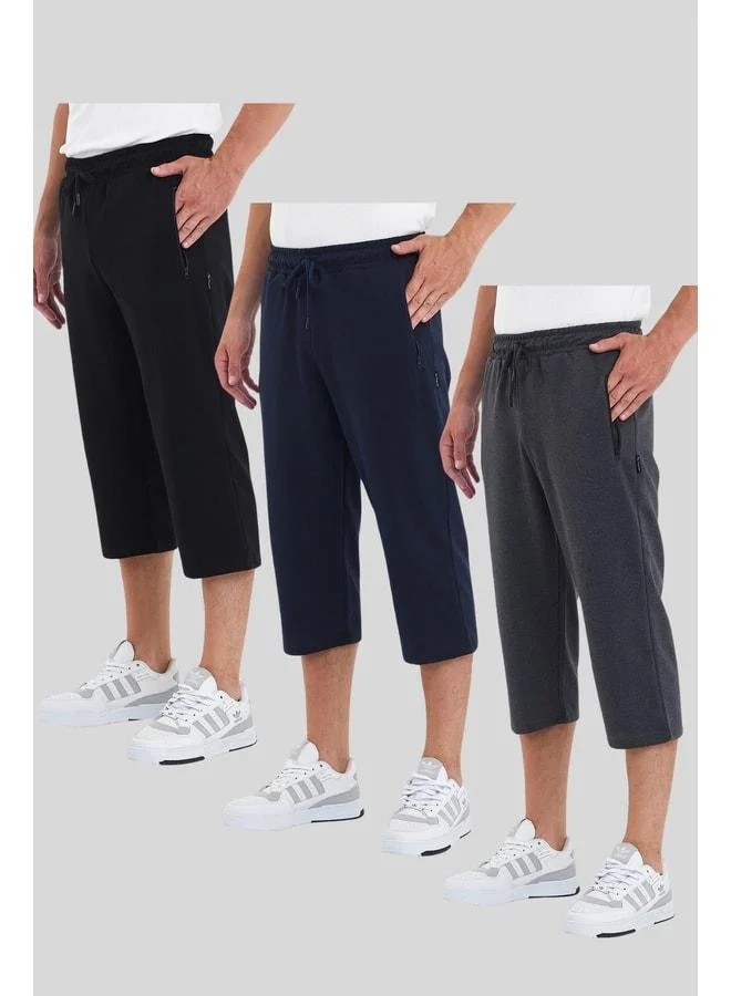 mmetalic Men's Bermuda Capri Shorts with Three Zippered Pockets, Knee-Length, and Adjustable Waist