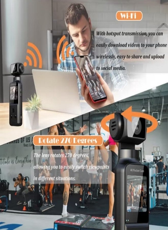 4K HD Camera, 270° Rotatable Large Wide Angle, Included 64G Card, 30m/98ft Underwater Camera with & Mic for Outdoor Riding Diving Shooting Vlog , 1000mAh Rechargeable - Image 5