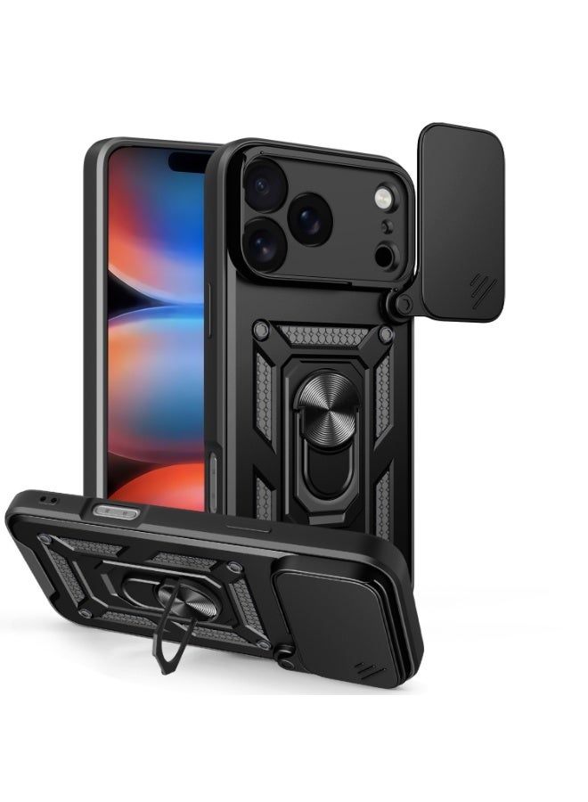 Shunjia Sliding Window Case, Shockproof Rugged Armor with Sliding Camera Cover & 360° Ring Kickstand, Compatible with Apple iPhone 17 Pro Max (Black)