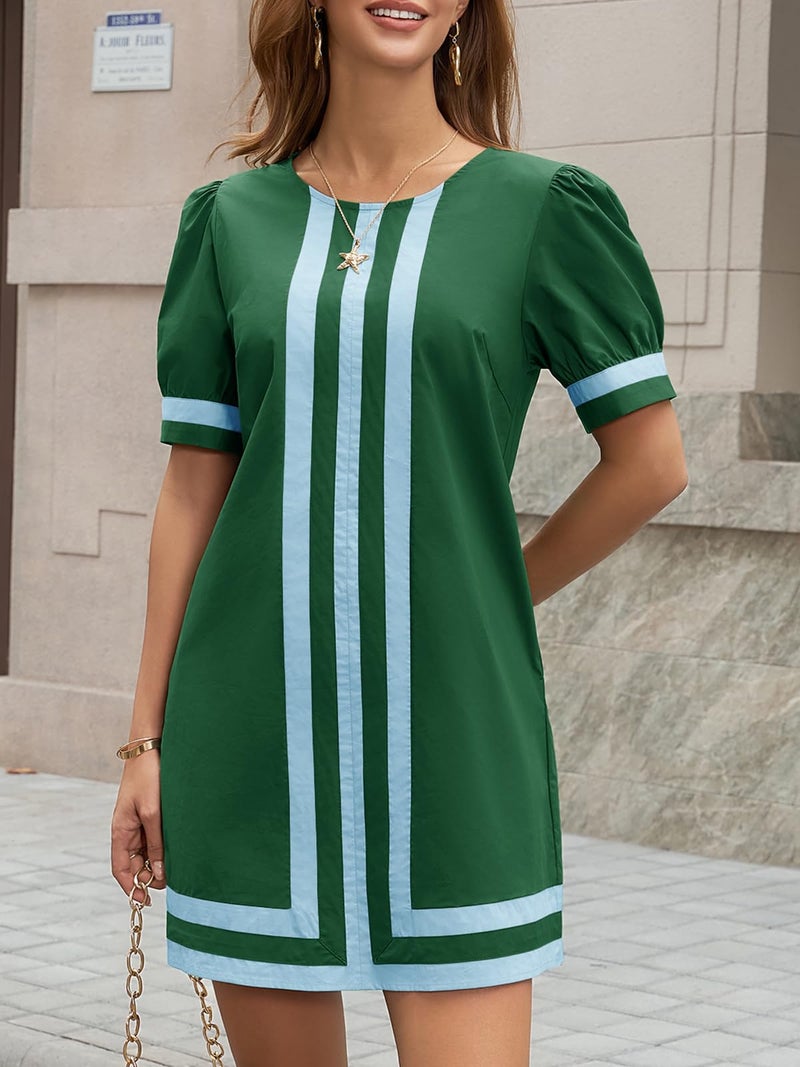 Wenrine Womens Puff Short Sleeve Mini Dress Summer Crewneck Striped Color Block Loose Casual Shift Dresses with Pockets Green - Image 5
