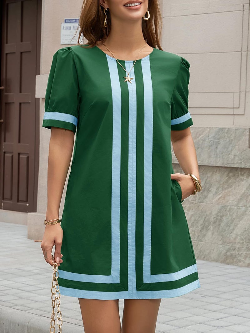 Wenrine Womens Puff Short Sleeve Mini Dress Summer Crewneck Striped Color Block Loose Casual Shift Dresses with Pockets Green - Image 2