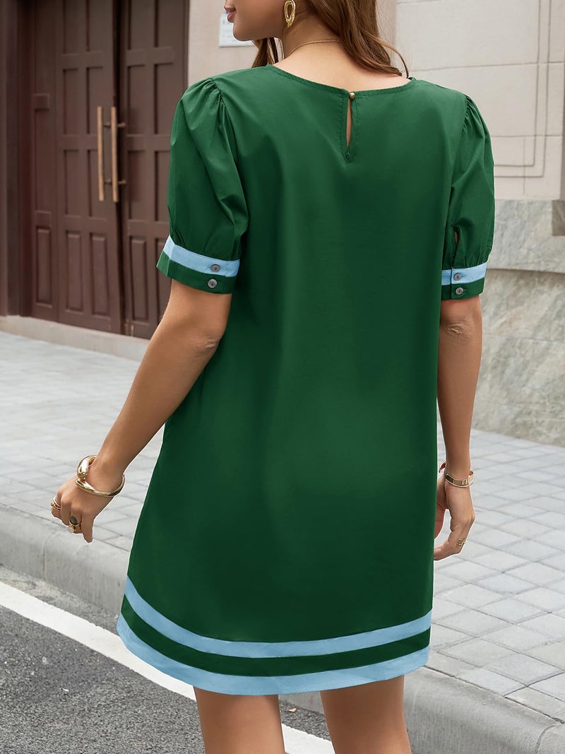 Wenrine Womens Puff Short Sleeve Mini Dress Summer Crewneck Striped Color Block Loose Casual Shift Dresses with Pockets Green - Image 3