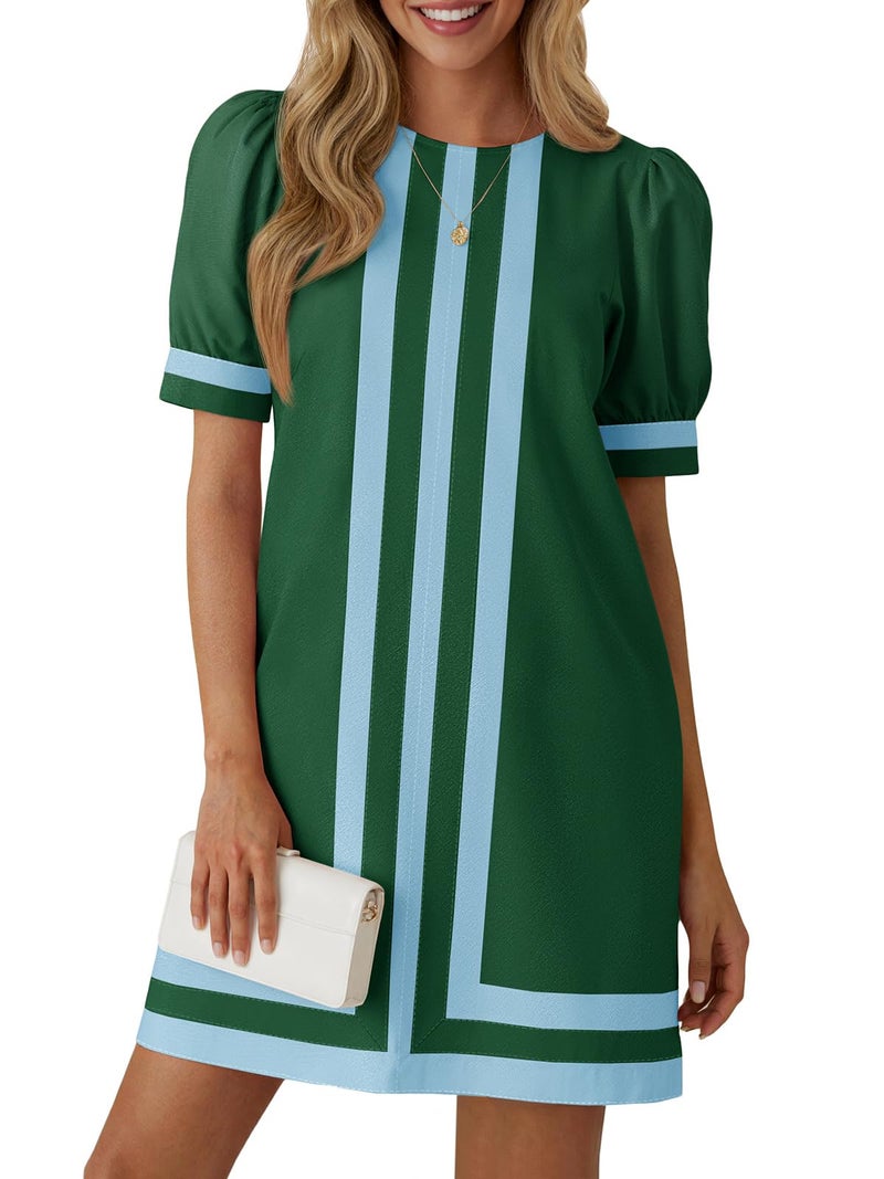 Wenrine Womens Puff Short Sleeve Mini Dress Summer Crewneck Striped Color Block Loose Casual Shift Dresses with Pockets Green - Image 1