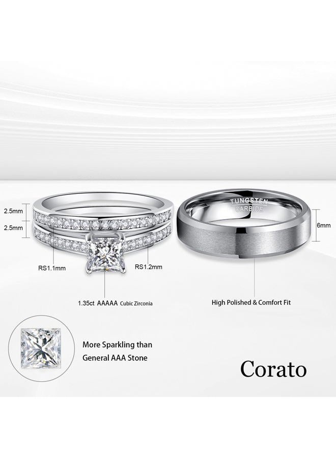 Corato خواتم الوعد للأزواج - مجموعة خواتم خطوبة مزيفة بتصميم قطع الأميرة وخاتم من التنغستن للرجال - خواتم زفاف له ولها، النساء 6+ الرجال 8، CZ، زركونيا مكعبة - Image 4