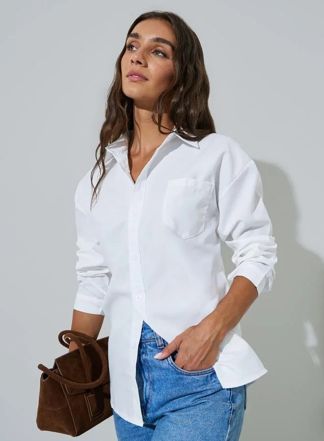 ستايلي White Solid Pocket Detail Long Sleeves Oversized Shirt