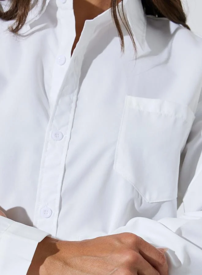 Styli  White Solid Pocket Detail Long Sleeves Oversized Shirt for Women | Best Price UAE