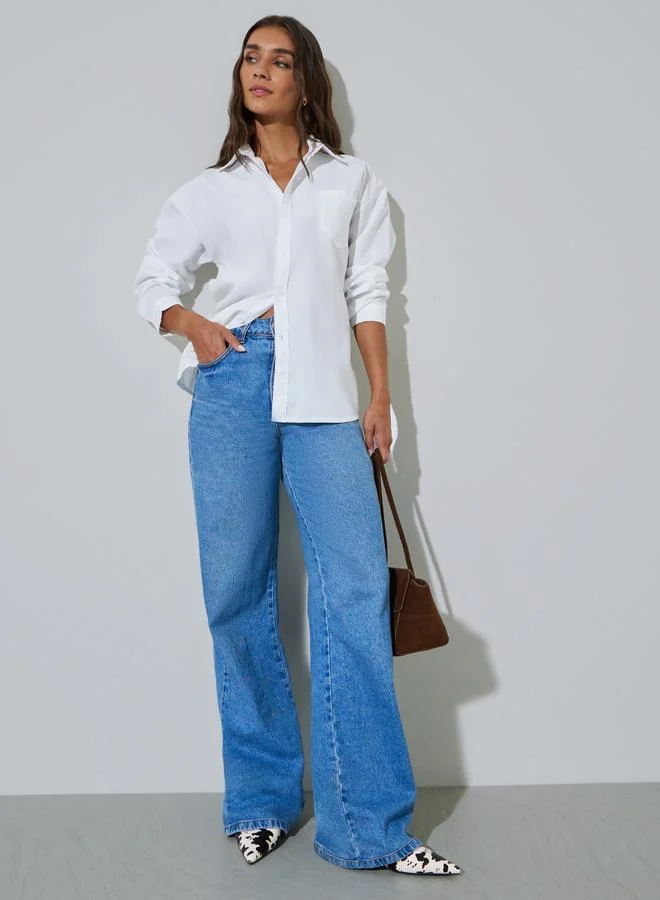 ستايلي White Solid Pocket Detail Long Sleeves Oversized Shirt