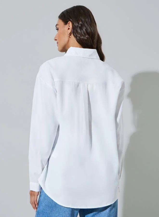 Styli  White Solid Pocket Detail Long Sleeves Oversized Shirt for Women | Best Price UAE