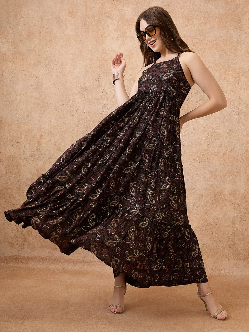 globus Globus Women Floral Print Halter Neck Shoulder Strap Fit And Flare Maxi Fusion Dress