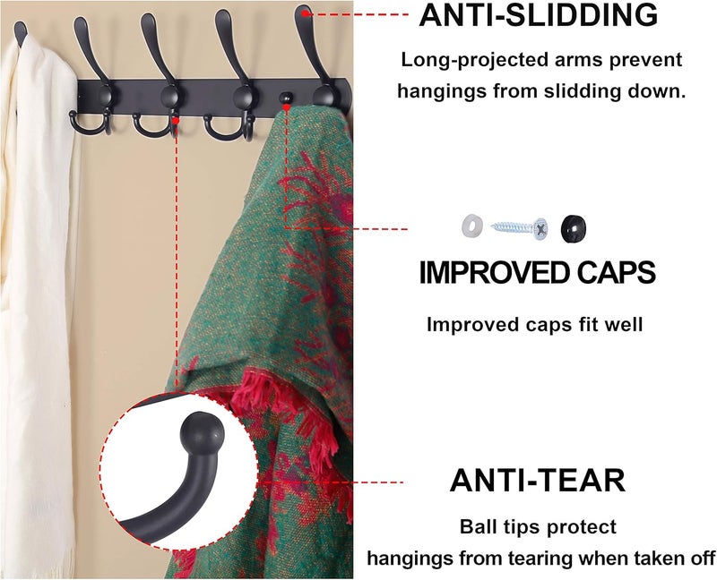 ديسيب حامل معاطف مثبت على الحائط - 5 خطافات ثلاثية، شديد التحمل، ستانلس ستيل، سكة خطافات معدنية للمعاطف والقبعات والمناشف والحقائب والعباءات وغرفة الملابس والحمام والمدخل، أسود - Image 2