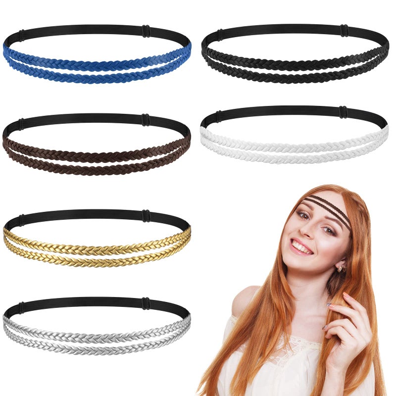 Yinder Womens Boho Leather Stretchy Double Non Slip Hair Accessory 6 Pcs Elastic Braided Headbands in Elegant Color