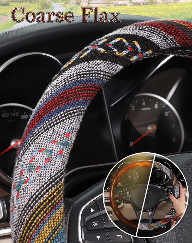 SEG Direct Boho Steering Wheel Cover with Baja Blanket Cloth, Ethnic Style Auto Wheel Cover Made of Coarse Flax, Fits 14 1/2-15 1/4 inches Car Wheel - Image 4