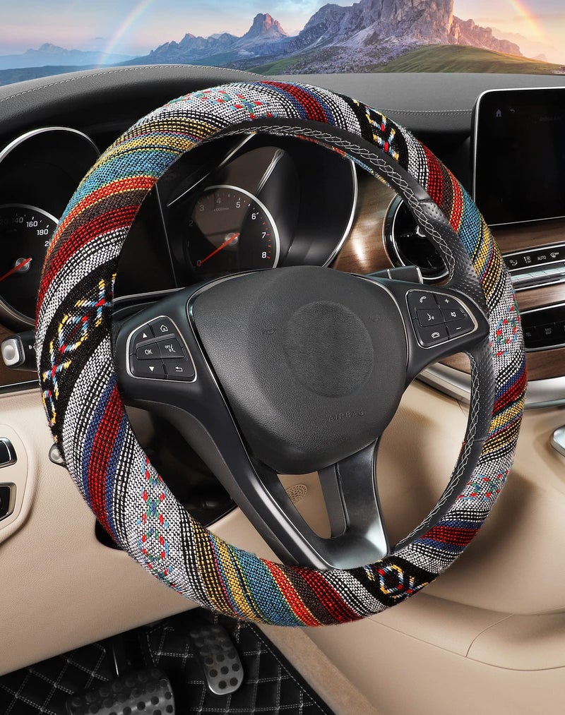 SEG Direct Boho Steering Wheel Cover with Baja Blanket Cloth, Ethnic Style Auto Wheel Cover Made of Coarse Flax, Fits 14 1/2-15 1/4 inches Car Wheel - Image 1