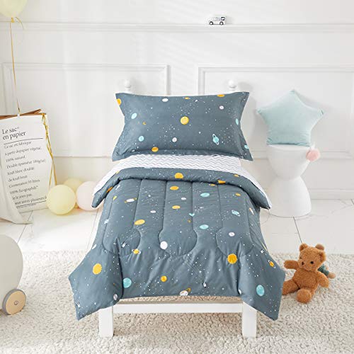 Uozzi Bedding Boys Space Planet Toddler Bedding Set Gray-Green Includes Adorable Quilted Comforter, Fitted Sheet, Top Sheet, and Pillow Case for Boys Bed - Image 1