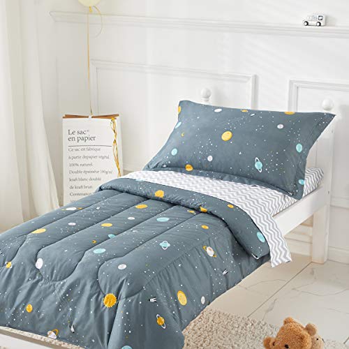 Uozzi Bedding Boys Space Planet Toddler Bedding Set Gray-Green Includes Adorable Quilted Comforter, Fitted Sheet, Top Sheet, and Pillow Case for Boys Bed - Image 2