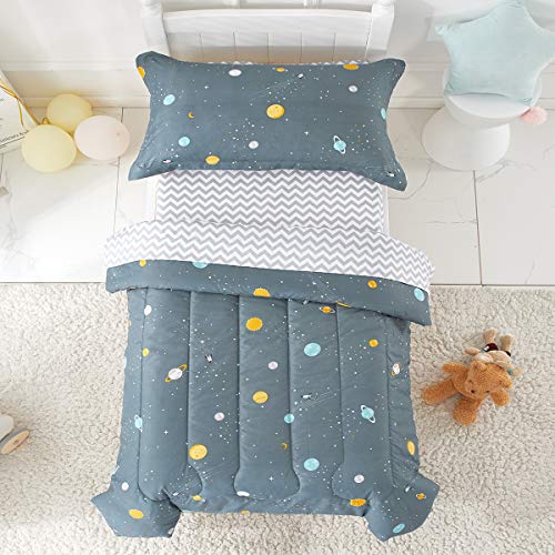 Uozzi Bedding Boys Space Planet Toddler Bedding Set Gray-Green Includes Adorable Quilted Comforter, Fitted Sheet, Top Sheet, and Pillow Case for Boys Bed - Image 4