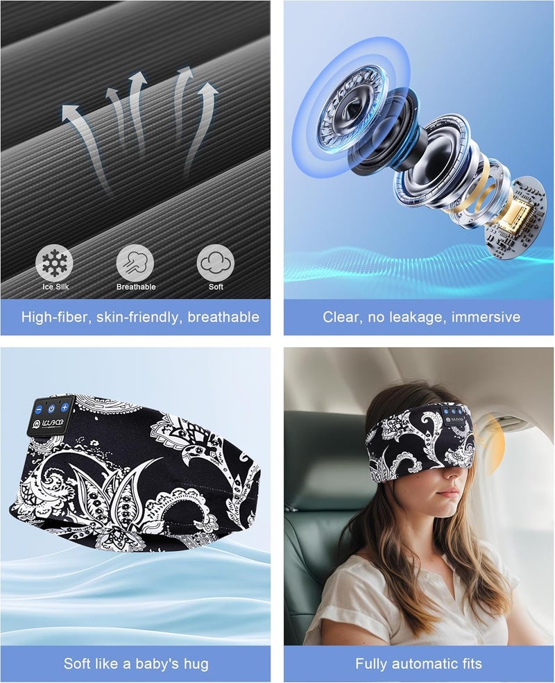 LOVE EYE سماعات النوم، سماعات عصابة الرأس للنوم والرياضة مع مكبرات صوت بلوتوث رفيعة، سماعات أذن لاسلكية، هدايا تقنية للرجال والنساء والمراهقين، لليوغا والتمارين واللياقة البدنية والاسترخاء والسفر، زهرة أبيض وأسود - Image 3