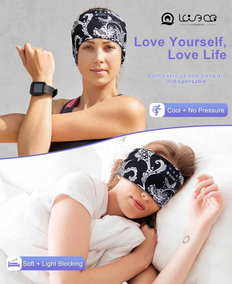 LOVE EYE سماعات النوم، سماعات عصابة الرأس للنوم والرياضة مع مكبرات صوت بلوتوث رفيعة، سماعات أذن لاسلكية، هدايا تقنية للرجال والنساء والمراهقين، لليوغا والتمارين واللياقة البدنية والاسترخاء والسفر، زهرة أبيض وأسود - Image 2