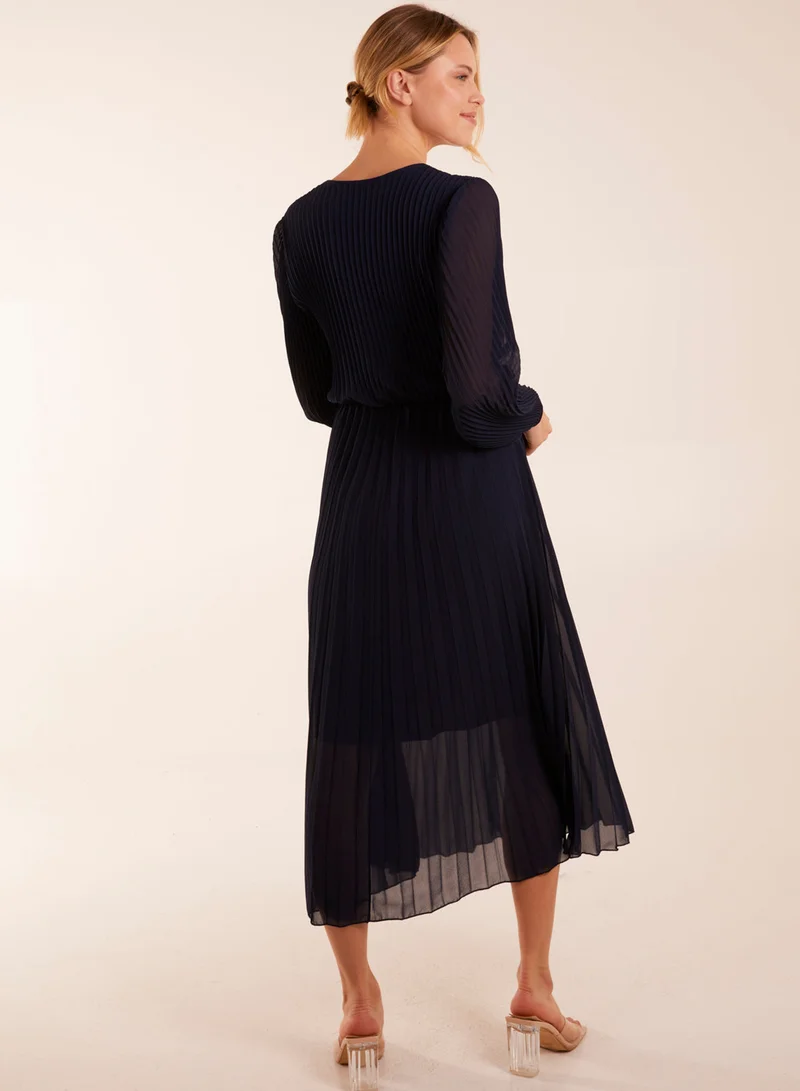 Blue Vanilla Wrap Front Pleated Midi Dress