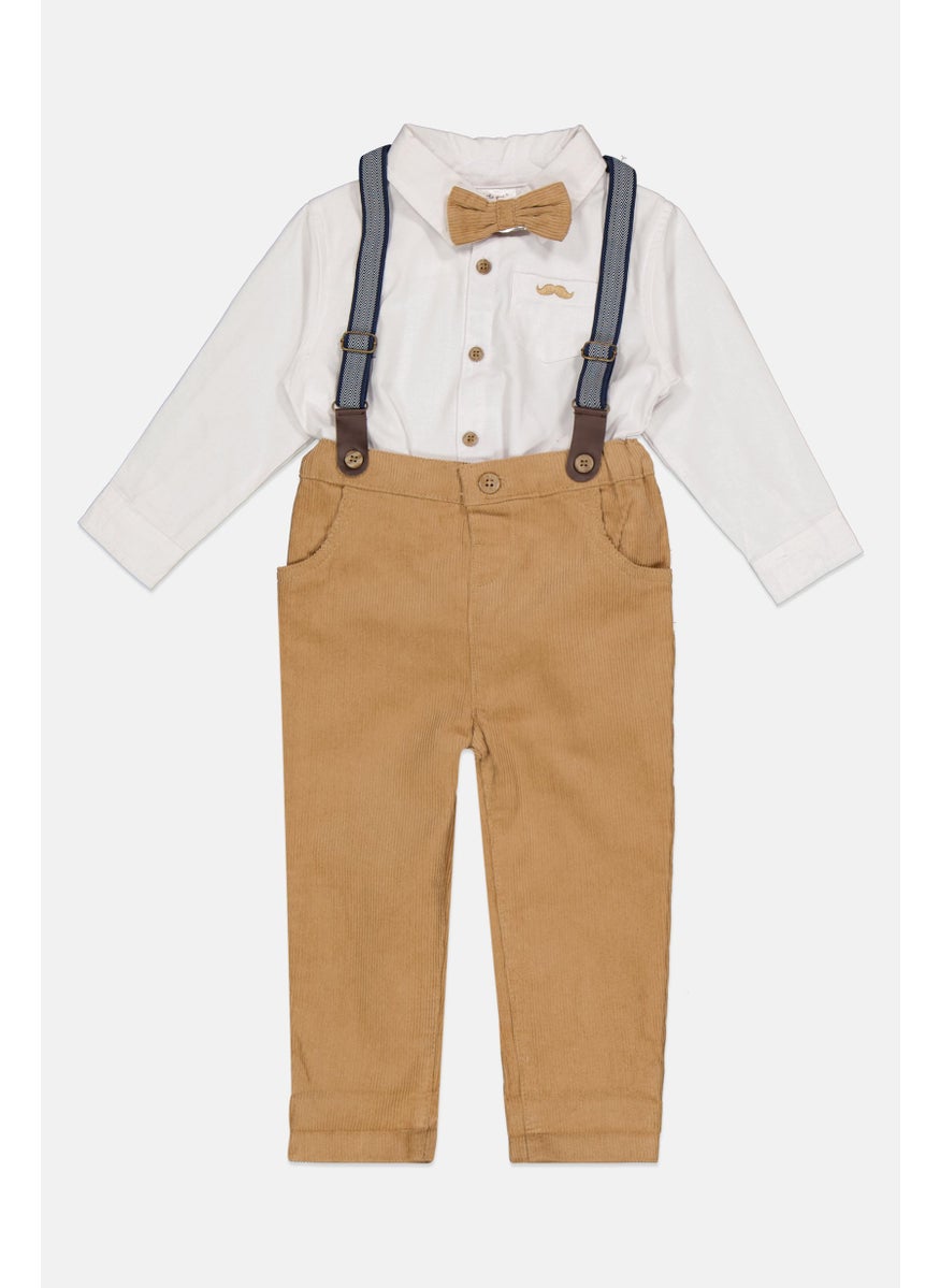 Little Gent Toddlers Boy 3 Piece Solid Shirt And Trousers With Bowtie Set, Tan  - Image 1